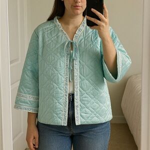 Vintage‎ 70s Blue Quilted jacket Lace Trim Bow Medium Coquette Fairycore Lace